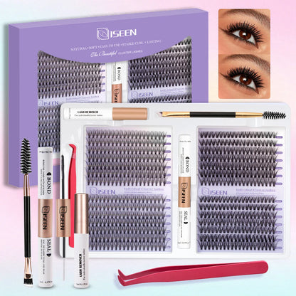 DIY Eyelash Extension Kit – Cluster Mix Eyelashes Set with Lash Bond & Seal, Tweezers & Brush for Full Lash Look