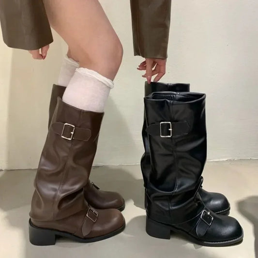 Women’s Knee High Platform Boots - Chunky Heel Punk Gothic Leather Motorcycle Shoes
