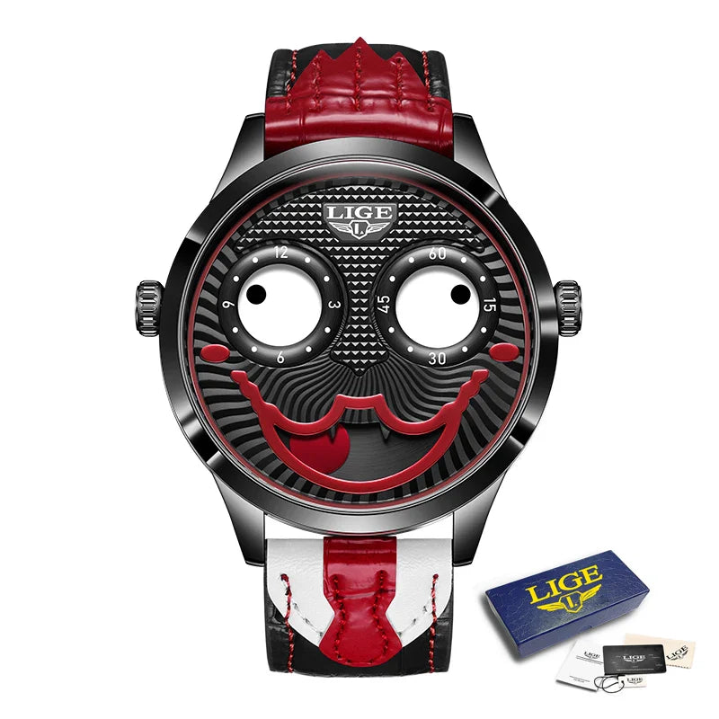 LIGE 2025 Men’s Creative Clown Quartz Watch – Waterproof Leather Strap Joker Fashion Wristwatch