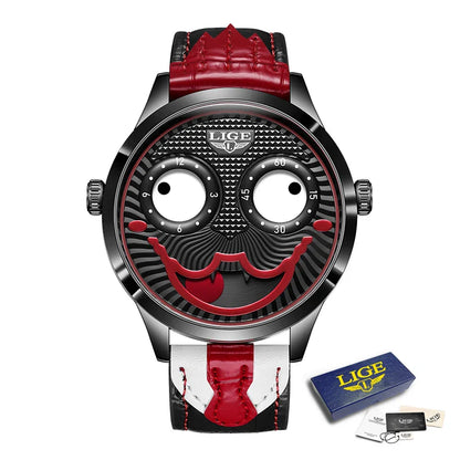 LIGE 2025 Men’s Creative Clown Quartz Watch – Waterproof Leather Strap Joker Fashion Wristwatch