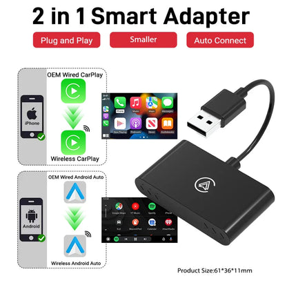 2-in-1 Wired to Wireless CarPlay & Android Auto Adapter – Fast Connect Smart Dongle for Toyota, Mazda, Benz, Audi