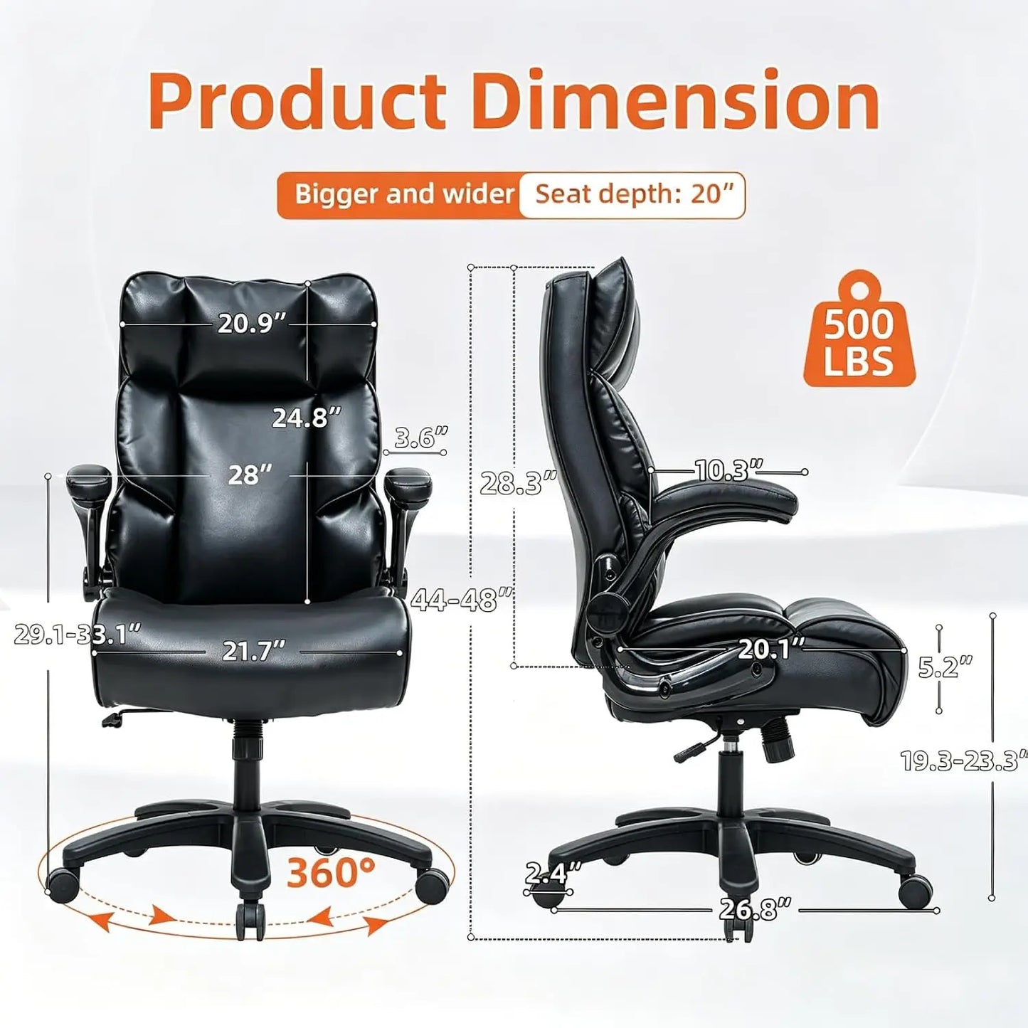 500LB Heavy Duty Office Chair - Ergonomic High Back PU Leather Executive Desk Chair for Big & Tall Users