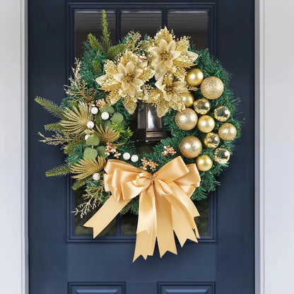 40cm Christmas Wreath with Lantern – Front Door Garland with Large Bow, Seasonal Holiday Ornament for Wall & Door Decor
