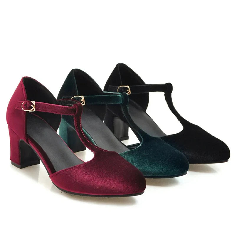 Women’s T-Strap High Heels – Velvet Mary Jane Pumps, Red & Green Party, Wedding, Office Shoes, Plus Size 45