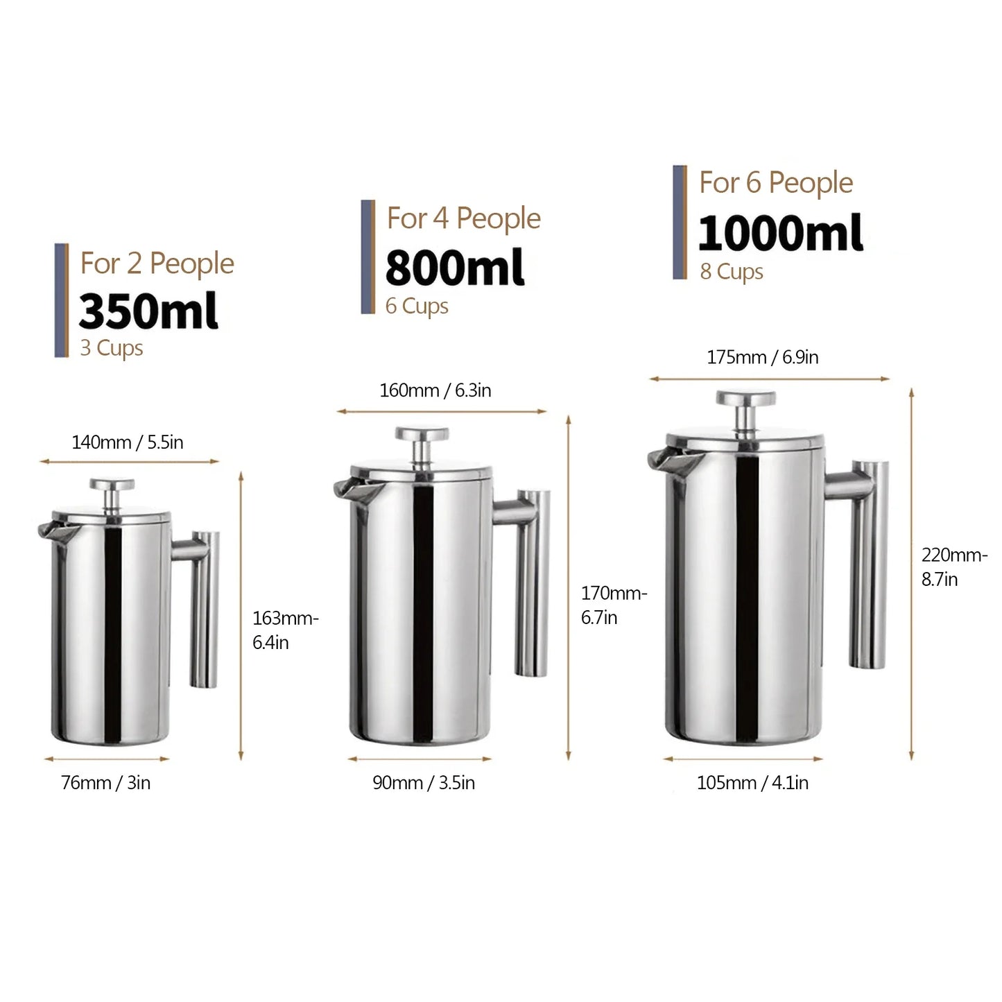 350ml/800ml/1000ml French Press Coffee Maker - Stainless Steel Double-Walled Insulated Coffee Pot