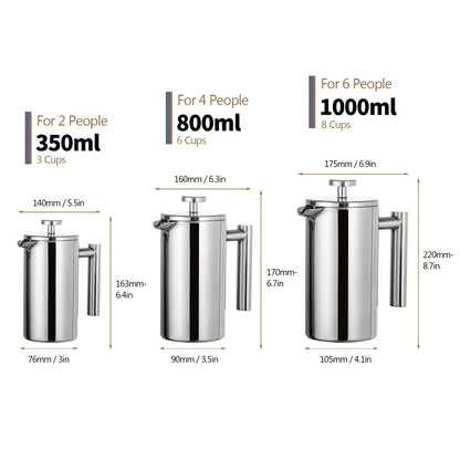 350ml/800ml/1000ml French Press Coffee Maker - Stainless Steel Double-Walled Insulated Coffee Pot