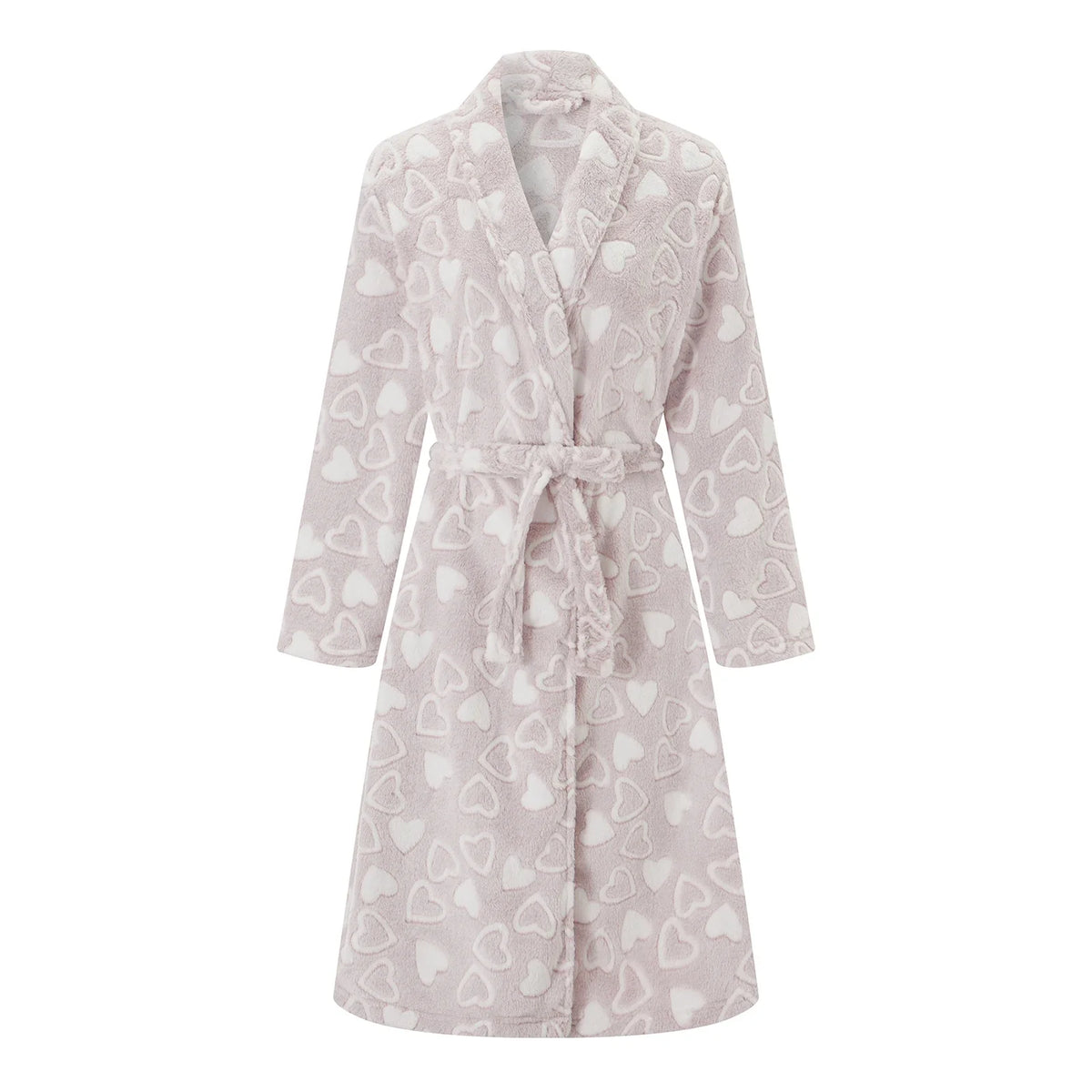 Women's Plush Flannel Bathrobe - Heart Print Fuzzy Long Sleeve Robe with Belt
