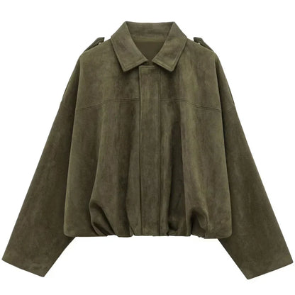HXAO Women's Oversized Suede Cropped Bomber Jacket – Casual Batwing Sleeve Streetwear Coat
