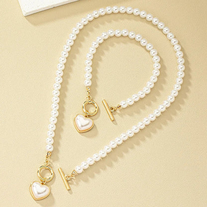 Pearl Heart Jewelry Set for Women - 2-Piece Necklace & Bracelet Imitation Pearl Chain Set