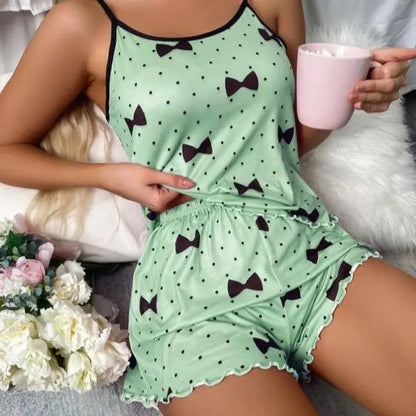 Women’s Summer Pajama Set – Pink Heart Print Ice Silk T-Shirt & Shorts, Comfortable Casual Round Neck Sleepwear