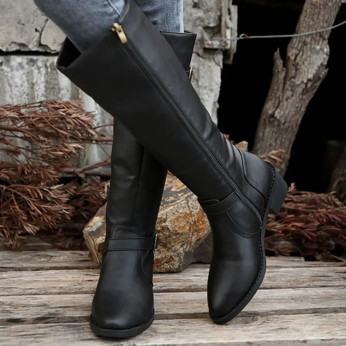 Women’s Winter High-Top Knight Boots – Side Zipper & Belt Buckle, Pointed Toe, PU Material with Cotton Lining