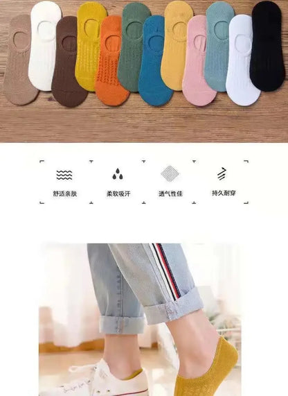5 Pairs Women's Silicone Invisible Boat Socks - Summer Solid Color Ankle Socks, Soft Cotton Slipper, Size 35-40 EUR