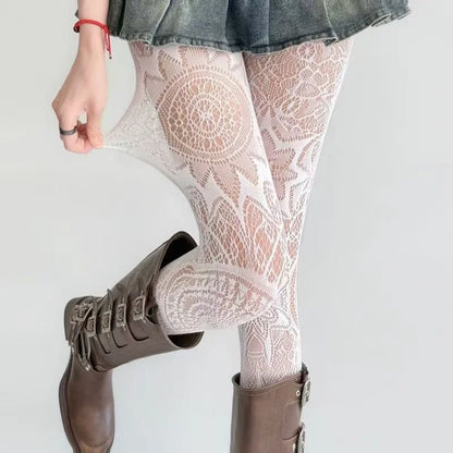 Black Floral Lolita Lace Tights - Retro Mesh Stockings with Classic Hollow Design