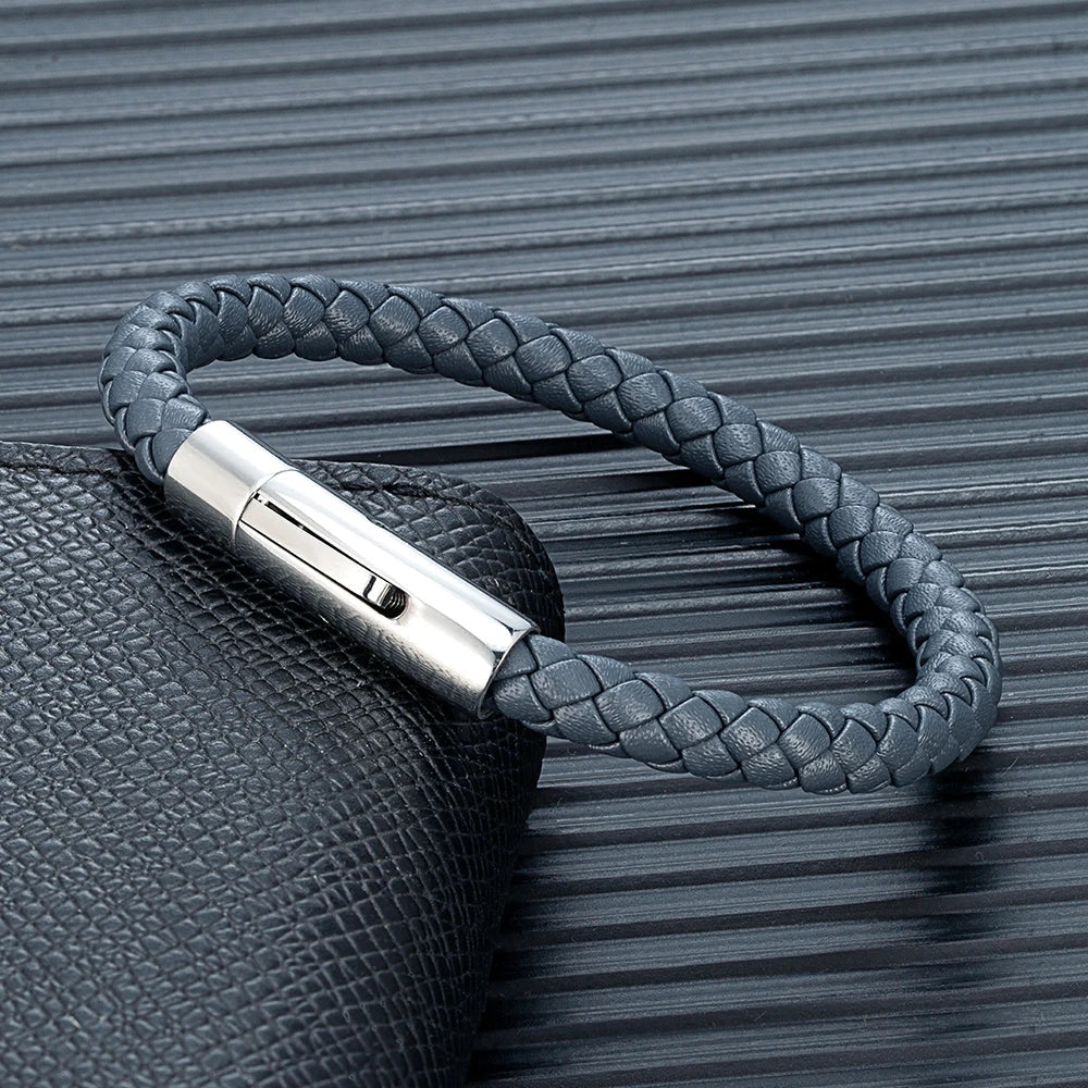 MKENDN Red Braided Leather Bracelet - 6mm Stainless Steel Button Unisex Couple Jewelry Gift Classic Simple Design