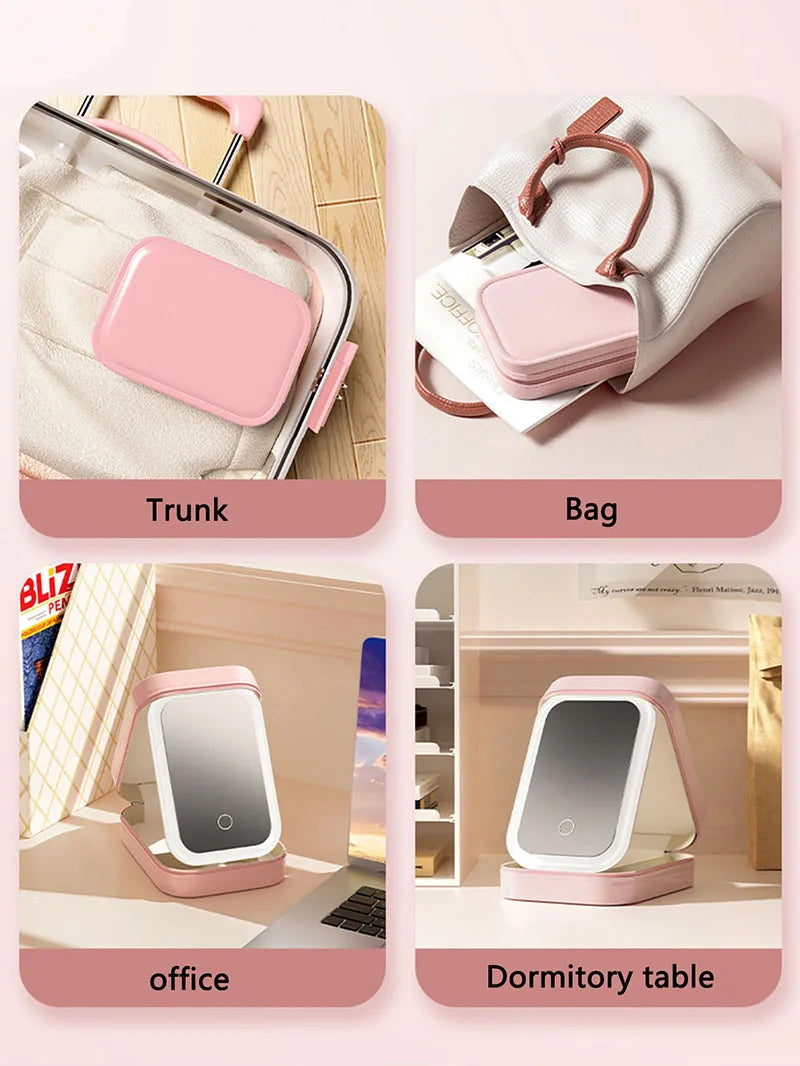 LED Makeup Bag with Mirror – Portable Cosmetic Storage for Women, Small Lipstick & Brush Organizer with Wireless Light