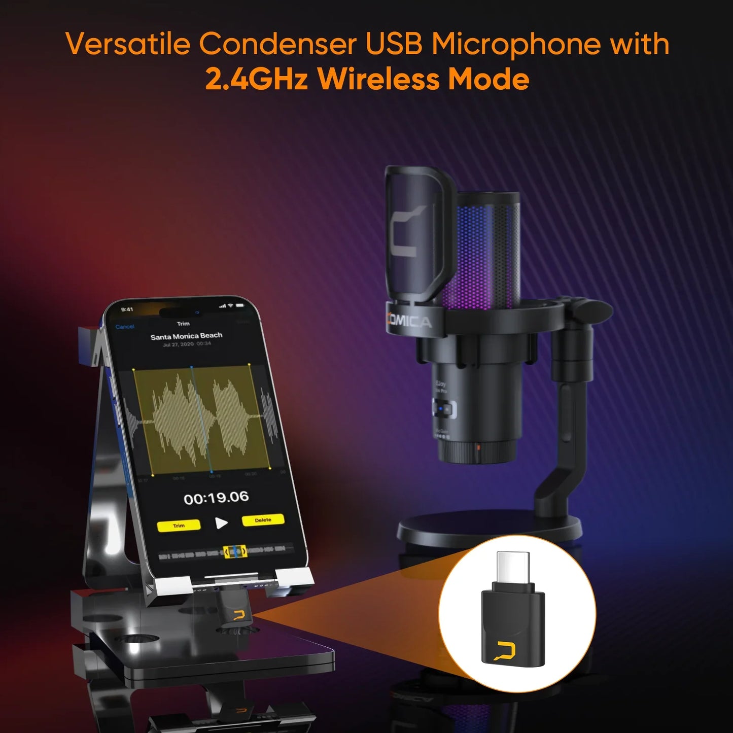 COMICA Uni Pro Wireless USB Gaming Microphone – Noise-Canceling Condenser Mic with RGB Lights for PC, Laptop & Smartphone