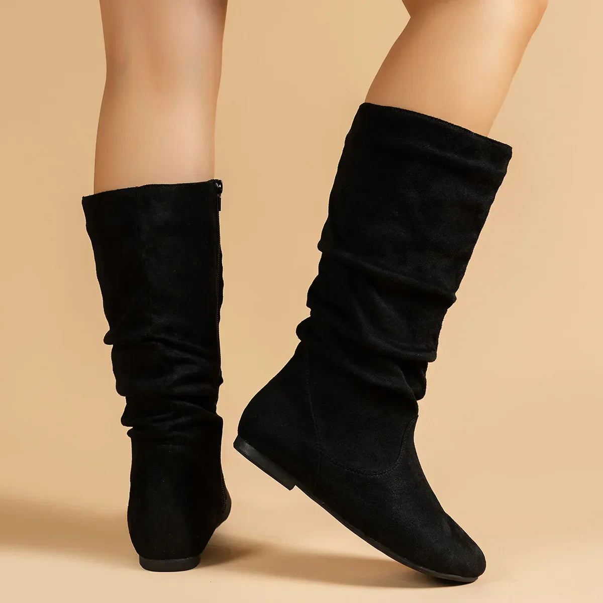 Women’s High-Top Casual Boots – Folded Zipper, Flat Bottom, Alligator Patterned Comfortable Footwear