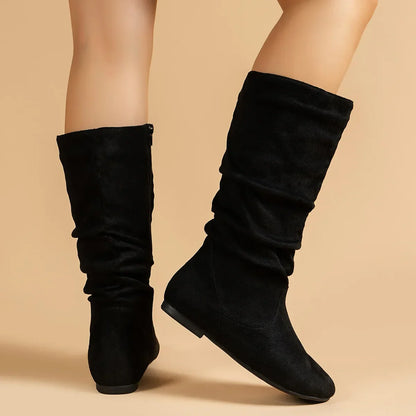 Women’s High-Top Casual Boots – Folded Zipper, Flat Bottom, Alligator Patterned Comfortable Footwear