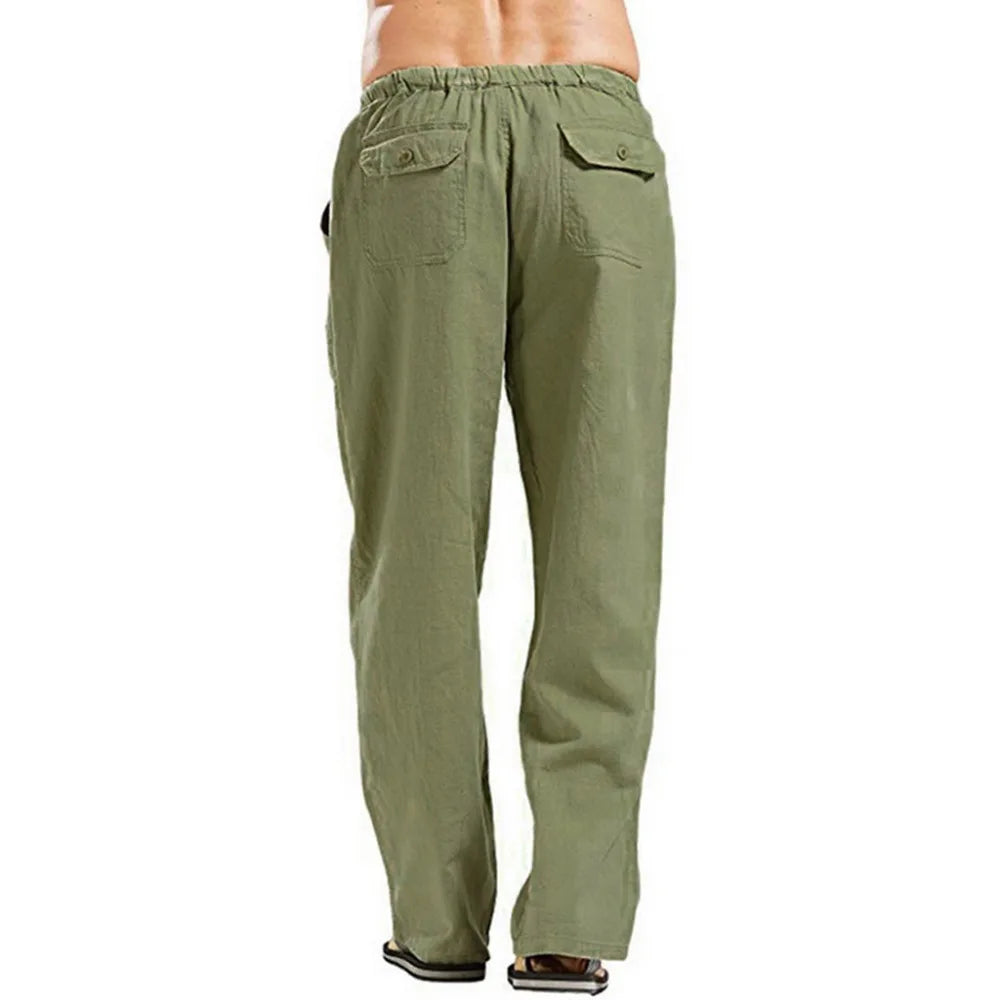 Men's Cotton Linen Pants – Summer Breathable Solid Color Casual Trousers with Elastic Waist