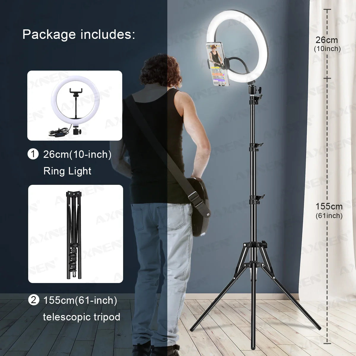 26cm LED Selfie Ring Light – Photography Lighting with Tripod Stand, Phone Holder & Remote Control for YouTube Videos