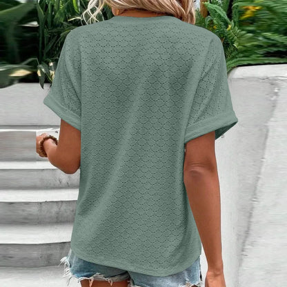 2023 Women's Jacquard V-Neck Blouse – Casual Button-Up, Loose Fit Short Sleeve Oversized Summer Shirt