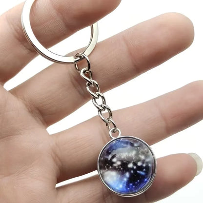 Glow in the Dark Solar System Keychain – Luminous Nebula Planet Key Ring with Moon, Earth, Sun, Double-Sided Glass Ball