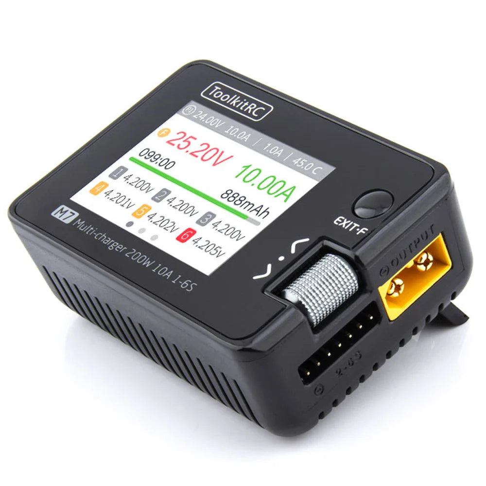 ToolkitRC M7 200W 10A DC Charger/Discharger — ADP100 Adapter for 1-6S LiPo, LiHV & LiFe Lion RC Batteries (EU/US)