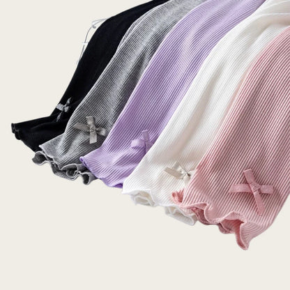 Girls Summer Bow Leggings - Solid Color Elastic Waist 7/8 Length Breathable Kids Pants 3-10Y