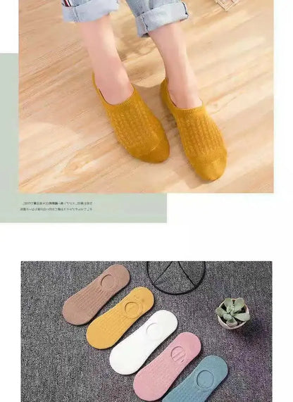 5 Pairs Women's Silicone Invisible Boat Socks - Summer Solid Color Ankle Socks, Soft Cotton Slipper, Size 35-40 EUR