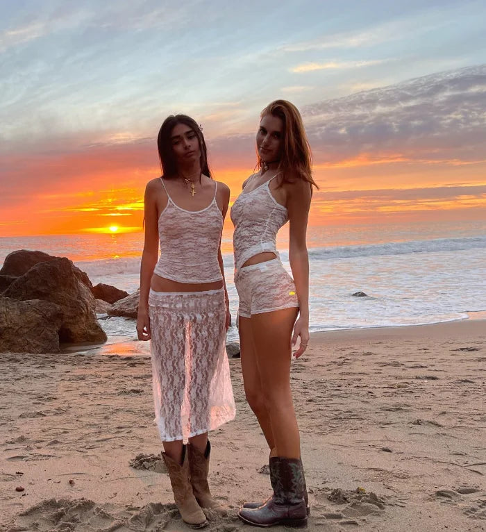 Women Y2K 2-Piece Skirt Set – Lace Flower See-Through Sleeveless Camisole & Wrapped Midi Skirt Summer Beach Outfit Suit