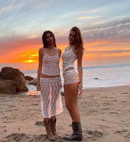 Women Y2K 2-Piece Skirt Set – Lace Flower See-Through Sleeveless Camisole & Wrapped Midi Skirt Summer Beach Outfit Suit