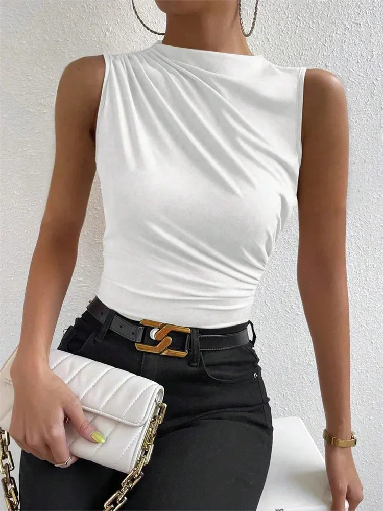 Women’s Mock Neck Ruched Tank Top – Y2K Solid Pleated Sleeveless Summer Streetwear Shirt