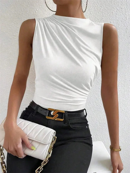 Women’s Mock Neck Ruched Tank Top – Y2K Solid Pleated Sleeveless Summer Streetwear Shirt