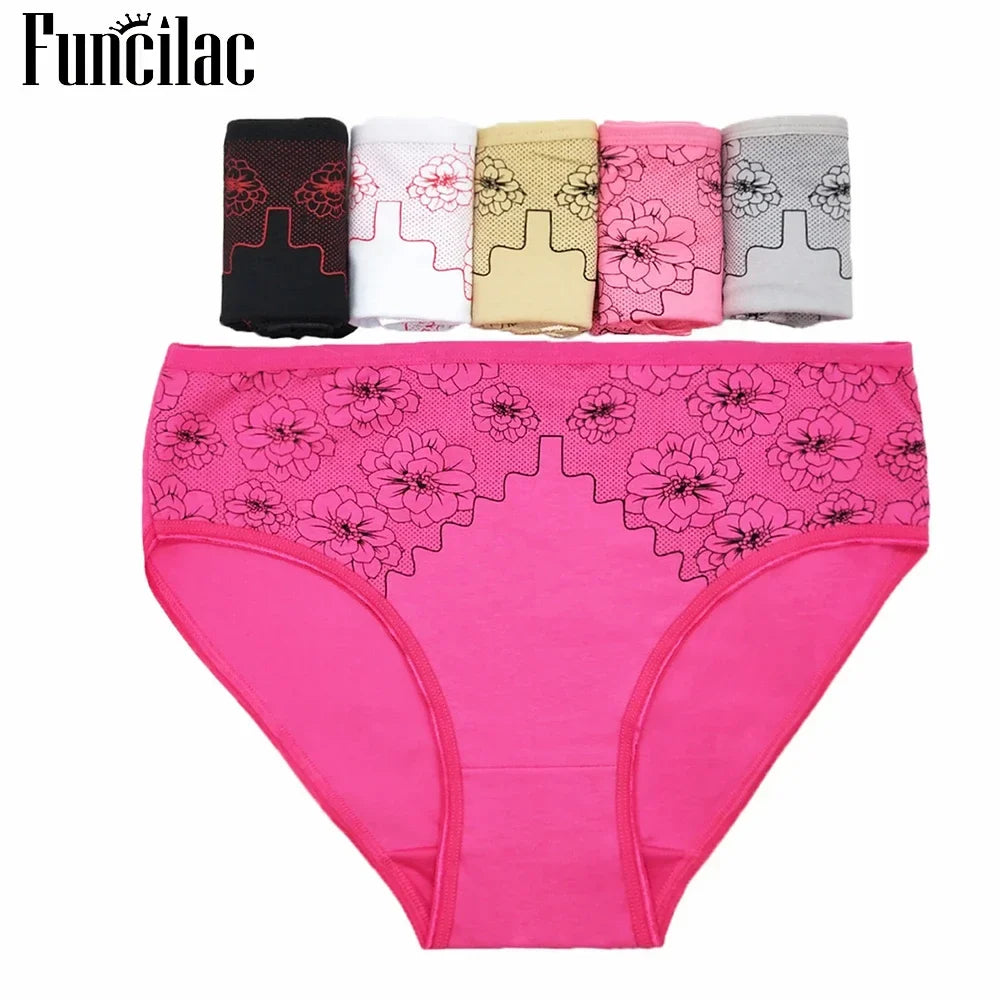 6 Pcs Women’s Cotton Briefs Set - Plus Size Sexy Print Mid-Rise Panties with Breathable Cotton Crotch