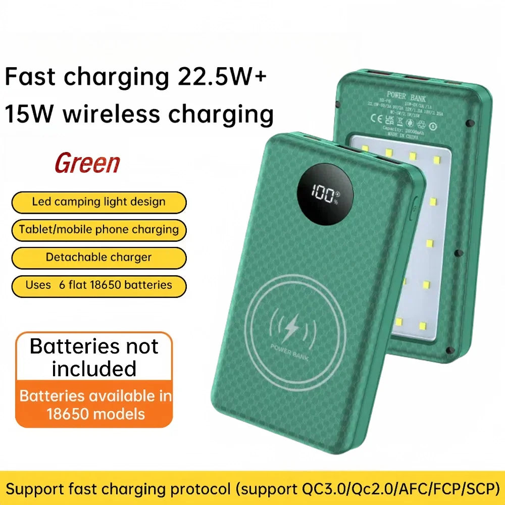 6×18650 20000mAh Power Bank Case – 22.5W Fast Charge & 15W Wireless Charging Battery Holder for Phones