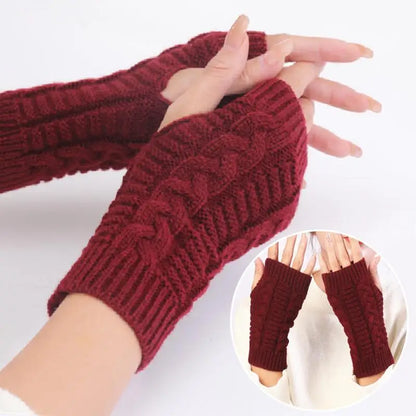 Women’s Stylish Winter Fingerless Gloves — Hand Warmer Arm Crochet Knitting Faux Wool Mittens with Twist Pattern