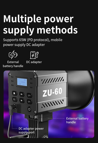60W COB Video Light - CRI≥90, TLCI≥97, Dual Color Temperature 2700K-6500K, Portable Mini Bowens Live Lighting