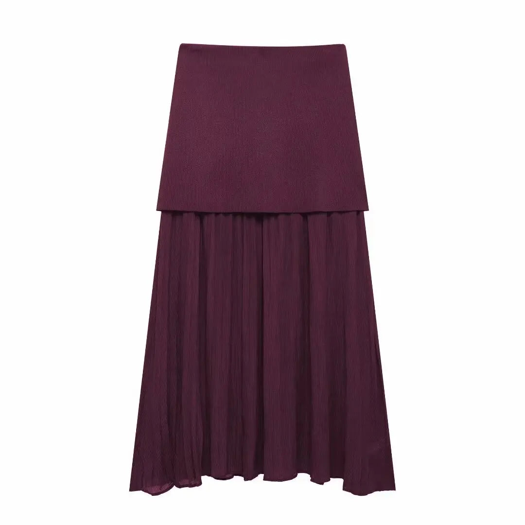 TRAFZA 2025 Women’s Wine Red Skirt Set – Knitted V-Neck Vest with High Waist Zipper Patchwork Long Skirt