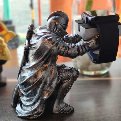 Apple Watch Charging Dock Stand – Cartoon Desktop Smartwatch Holder with Black Warrior Figurine Support