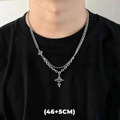 Hip Hop Zircon Star Double Layer Necklace - Titanium Steel Pendant Chain for Men & Women, Unisex Trendy Jewelry