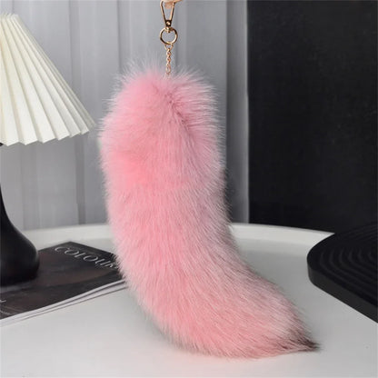 Natural Fox Fur Tail Keychain – 40cm Furry Racoon Bag Charm & Fluffy Keyring Accessory for Women