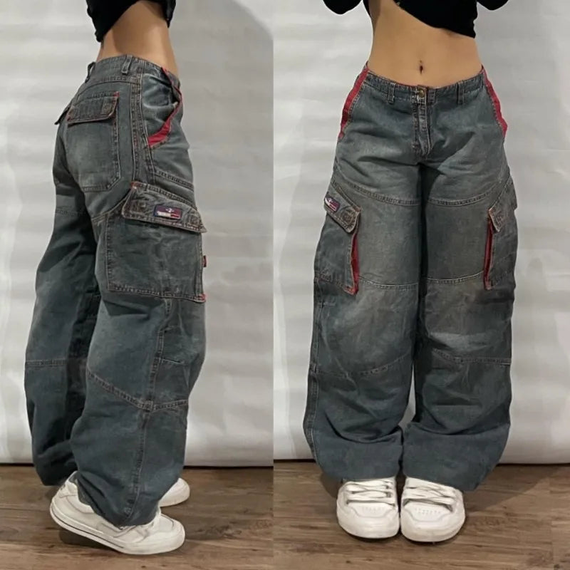 Streetwear Multi-Pocket Baggy Jeans – Y2K Hip-Hop Harajuku High-Waist Wide Pants for Men & Women