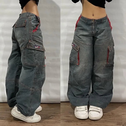 Streetwear Multi-Pocket Baggy Jeans – Y2K Hip-Hop Harajuku High-Waist Wide Pants for Men & Women