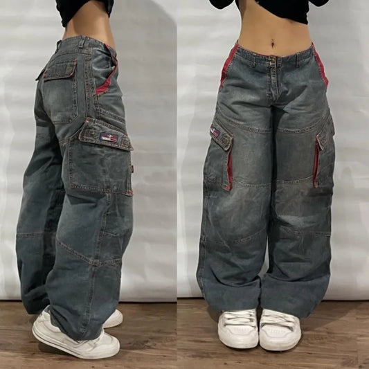 Streetwear Multi-Pocket Baggy Jeans – Y2K Hip-Hop Harajuku High-Waist Wide Pants for Men & Women