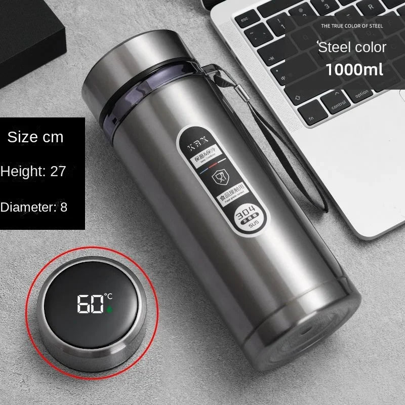 800ml-1L Stainless Steel Thermos Bottle — 304 Vacuum Tea Bottle with LED Temperature Display, Portable Drinking Cup