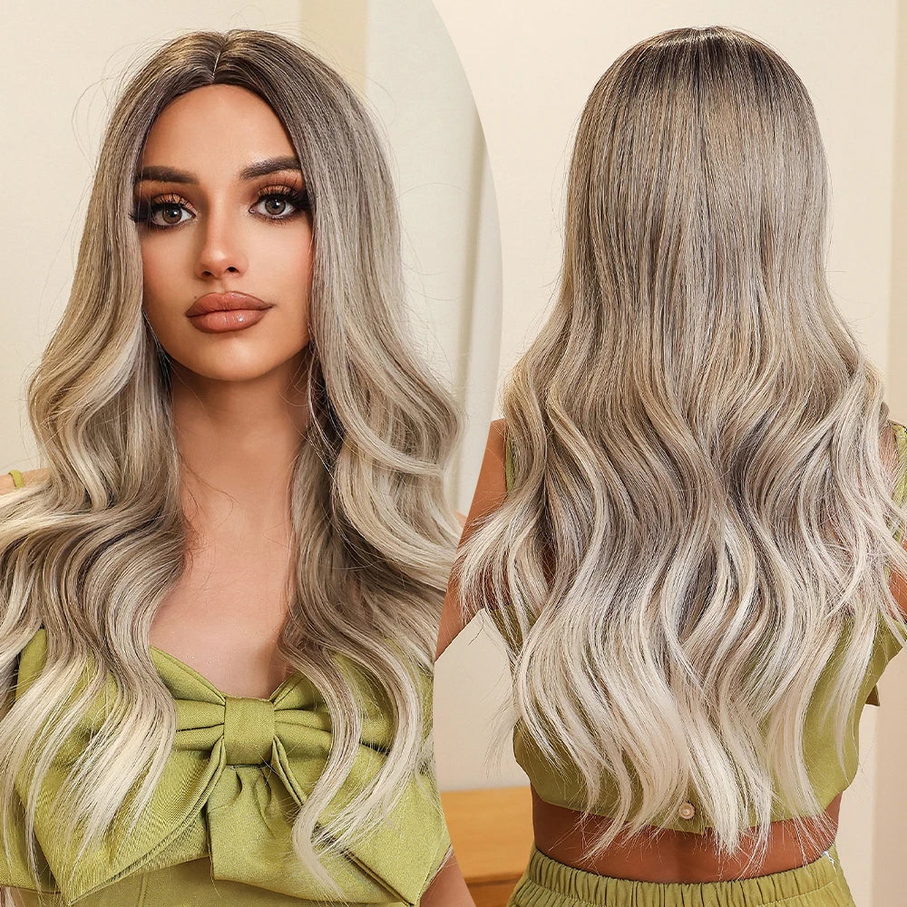 Long Wavy Brown Synthetic Wig for Women – Middle Part, Natural Look, Heat-Resistant Fiber for Daily Wear & Cosplay