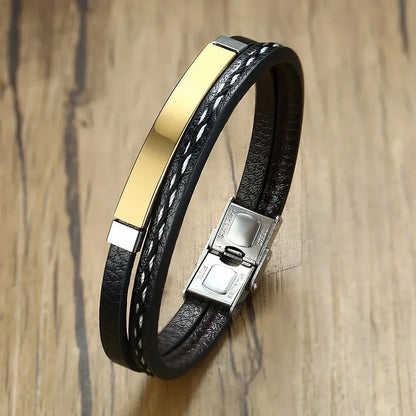Delysia King 2021 Trendy Men's Leather Weave Bracelet - Leisure Color Contrast Stainless Steel Bangle