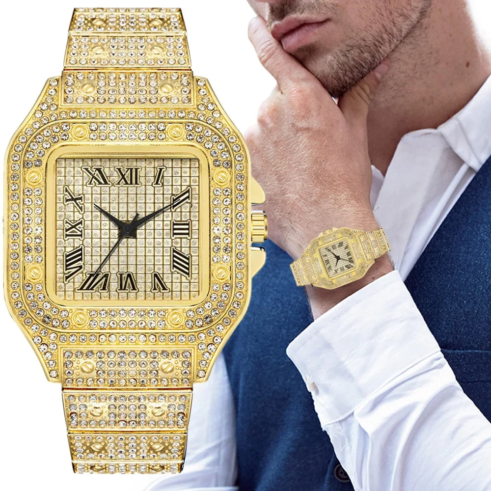 Luxury Men’s Square Quartz Watch - Steel Strap Roman Numeral Rhinestone Business Wristwatch for Casual Style