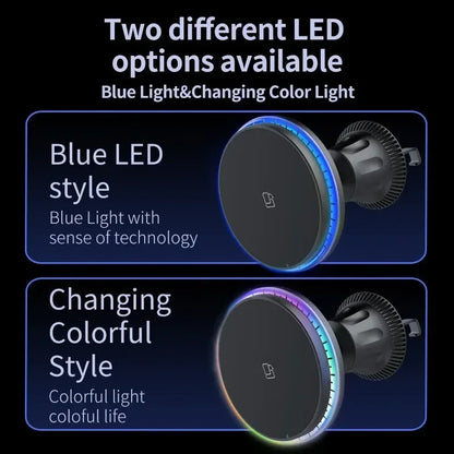30W RGB Magnetic Car Wireless Charger – Fast Charging Stand Mount for iPhone 12-15 Pro Max, MagSafe Compatible