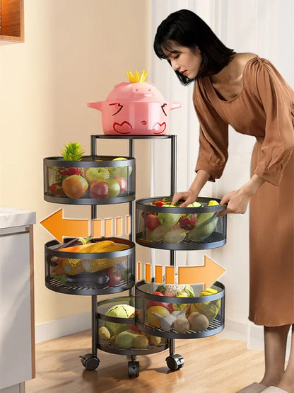 5 Layer Stainless Steel Rotating Shelf - Kitchen & Bathroom Storage Baskets, Fruit & Vegetable Rack with Wheels